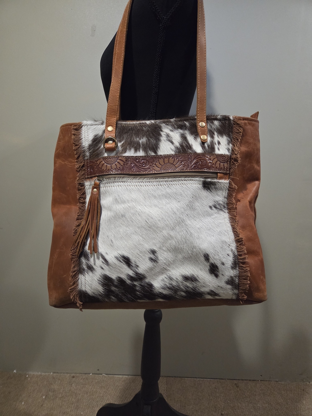 Myra Bag Brown and White Cowhide Fringe Tote